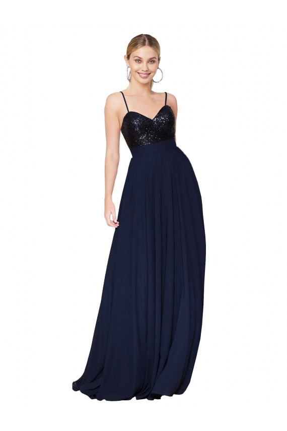 Sleeveless High Neck Soft Chiffon & Sequin Dark Navy Long Semi Formal Evening Dress / Prom Dress / Bridesmaid Dress London