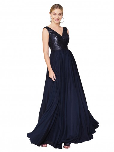 Sleeveless High Neck Soft Chiffon & Sequin Dark Navy Long Semi Formal Evening Gown / Prom Dress / Bridesmaid Dress London