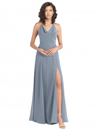 Sleeveless Cowl Neck Soft Chiffon Dusty Blue Long Bridesmaid Dress London