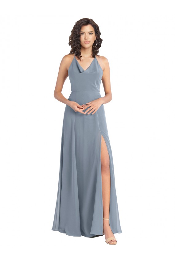Sleeveless Cowl Neck Soft Chiffon Dusty Blue Long Bridesmaid Dress London