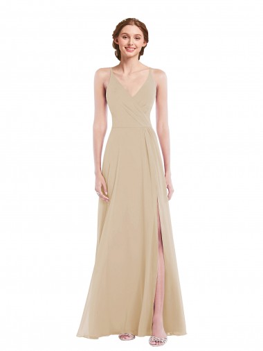 Sleeveless V-Neck Soft Chiffon Champagne Long Semi Formal Evening Dress / Bridesmaid Dress London