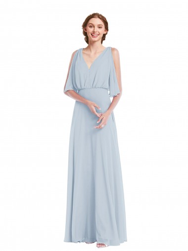 Half Sleeves V-Neck Soft Chiffon Sea Glass Long Evening Gown / Bridesmaid Dress London