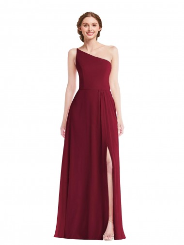 Sleeveless One Shoulder Soft Chiffon Burgundy Long Semi Formal Evening Dress / Bridesmaid Dress London