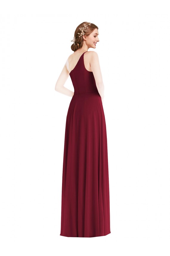 Sleeveless One Shoulder Soft Chiffon Burgundy Long Semi Formal Evening Dress / Bridesmaid Dress London
