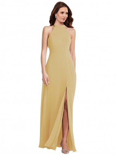 Sleeveless Halter Neck Soft Chiffon Gold Long Semi Formal Evening Dress / Bridesmaid Dress London