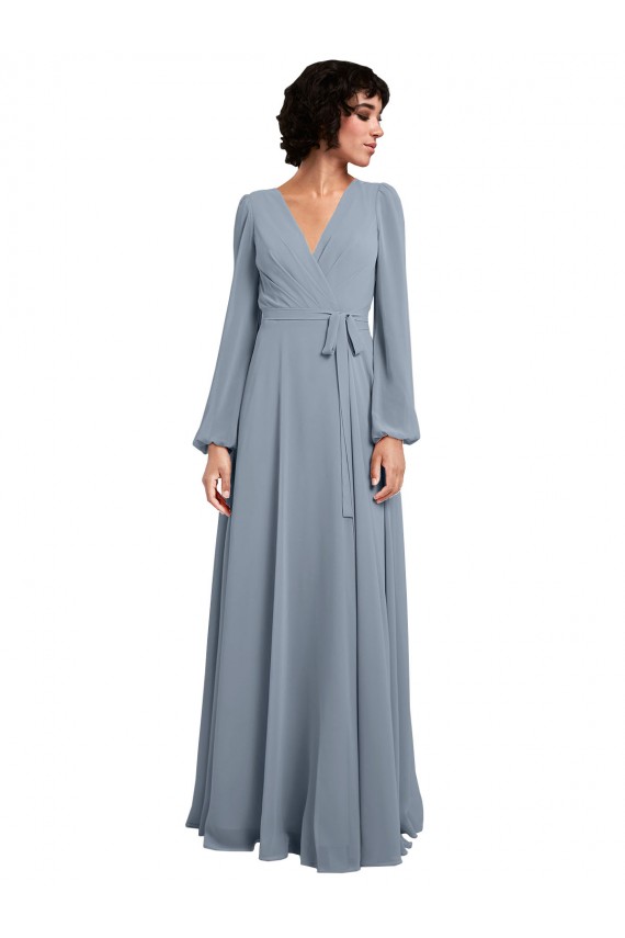 Long Sleeves V-Neck Soft Chiffon Dusty Blue Long Bridesmaid Dress / Formal Dress London