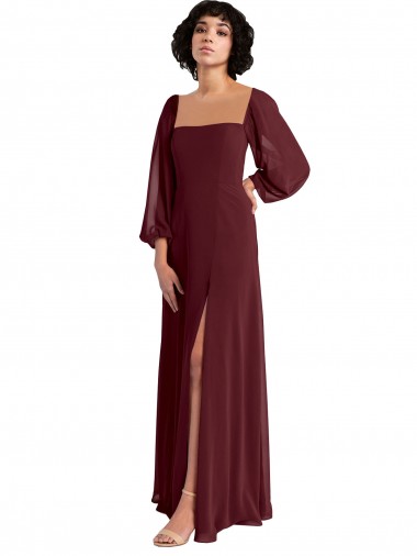 Long Sleeves Square Neck Chiffon Burgundy Gold Long Bridesmaid Dress / Evening Dress London