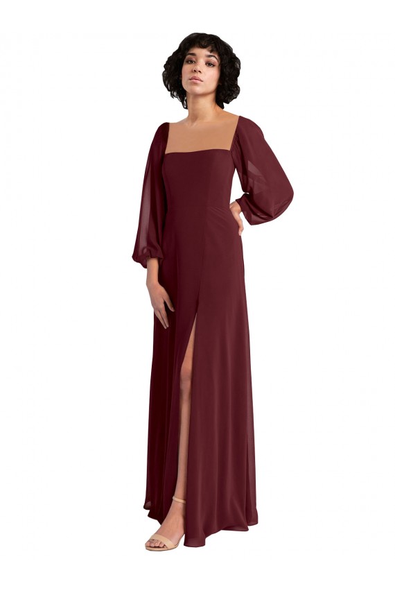 Long Sleeves Square Neck Chiffon Burgundy Gold Long Bridesmaid Dress / Evening Dress London