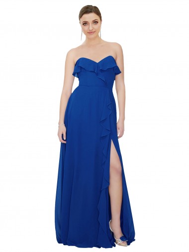 Sleeveless Strapless Soft Chiffon Royal Blue A-Line Long Bridesmaid Dress London