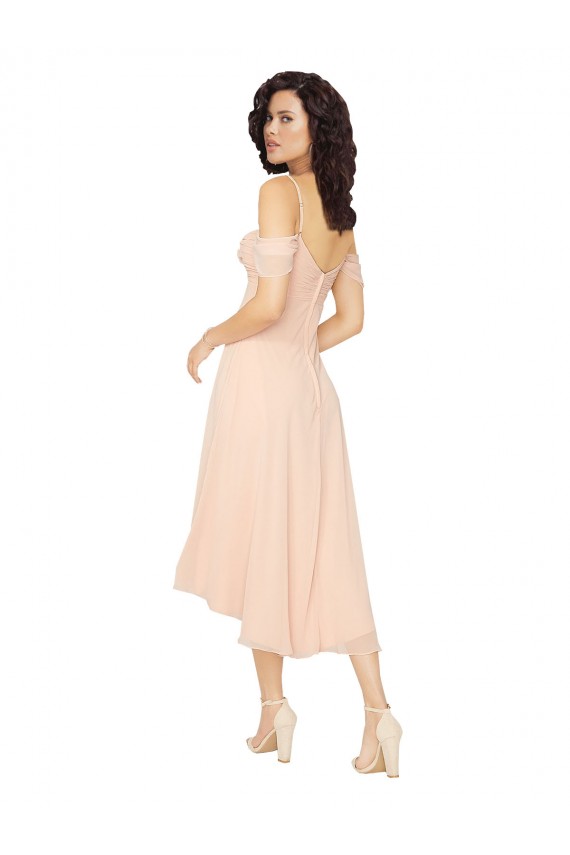 Cold Shoulder Square Neck Soft Chiffon Ice Pink Midi Length High Low Bridesmaid Dress London