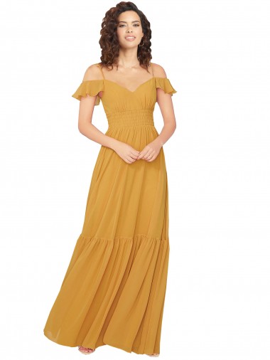 Cold Shoulder Sweetheart Soft Chiffon Saffron Long Bridesmaid Dress London