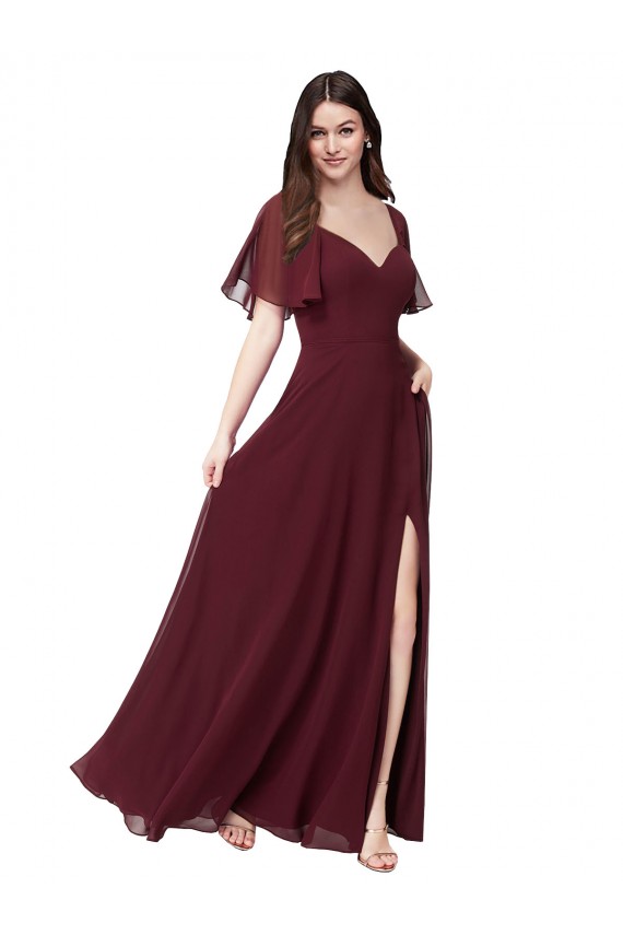 Short Flutter Sleeves Sweetheart Soft Chiffon Burgundy Gold Long Formal Dress / Bridesmaid Dress London