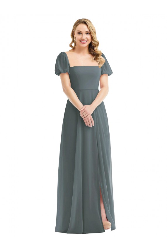 Puff Sleeves Square Neck Soft Chiffon Slate Grey Long Semi Formal Evening Dress / Bridesmaid Dress London