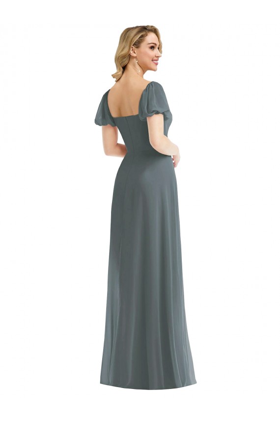 Puff Sleeves Square Neck Soft Chiffon Slate Grey Long Semi Formal Evening Dress / Bridesmaid Dress London
