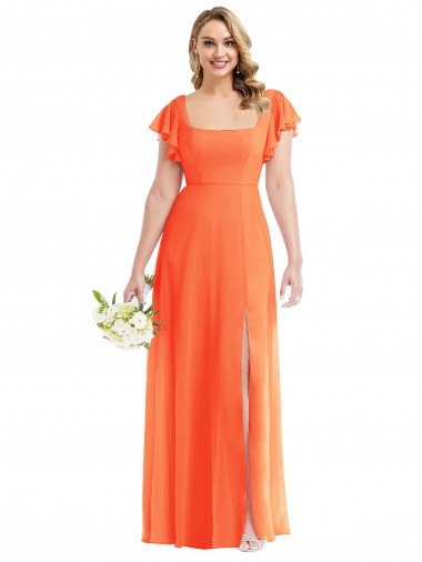 Flutter Sleeves Square Neck Soft Chiffon Tangerine Tango Long Semi Formal Evening Dress / Bridesmaid Dress London