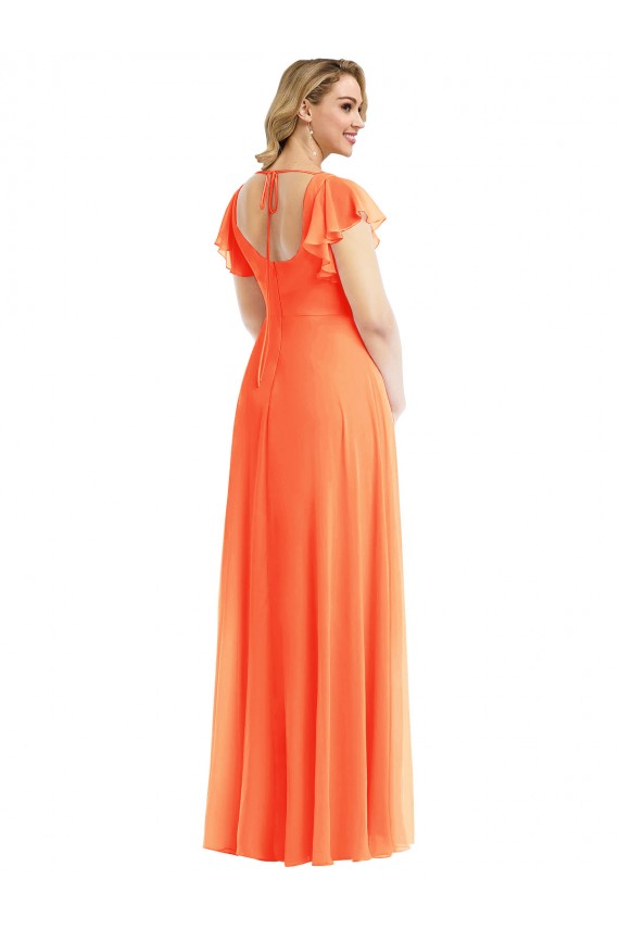 Flutter Sleeves Square Neck Soft Chiffon Tangerine Tango Long Semi Formal Evening Dress / Bridesmaid Dress London