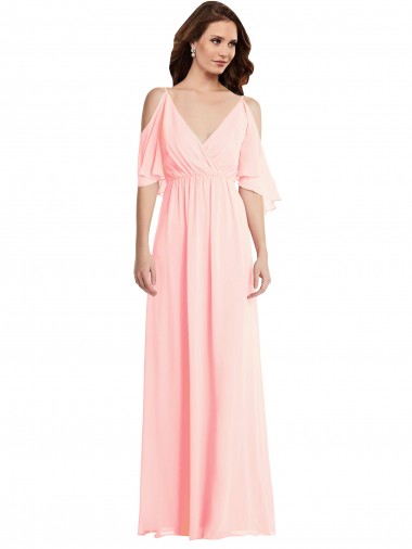 Cold Shoulder V-Neck Soft Chiffon Pink Long Semi Formal Evening Dress / Bridesmaid Dress London