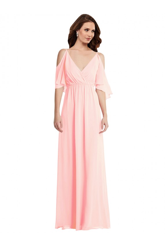 Cold Shoulder V-Neck Soft Chiffon Pink Long Semi Formal Evening Dress / Bridesmaid Dress London