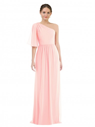 Bell Sleeves One Shoulder Soft Chiffon Pink Long Semi Formal Evening Dress / Bridesmaid Dress London