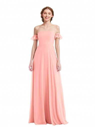 Flutter Sleeves Off the Shoulder Soft Chiffon Salmon Long Semi Formal Evening Dress / Bridesmaid Dress London