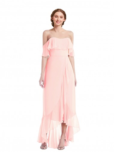 Sleeveless Off the Shoulder Soft Chiffon Pink Long High Low Bridesmaid Dress London
