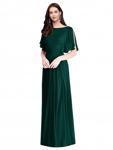Bell Sleeves Bateau Neck Soft Chiffon Ever Green Long Semi Formal Evening Dress / Bridesmaid Dress London