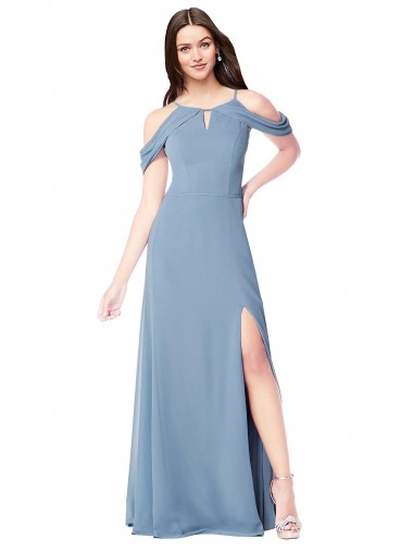Sleeveless Off the Shoulder Soft Chiffon Dusty Blue Long Evening Dress / Bridesmaid Dress London