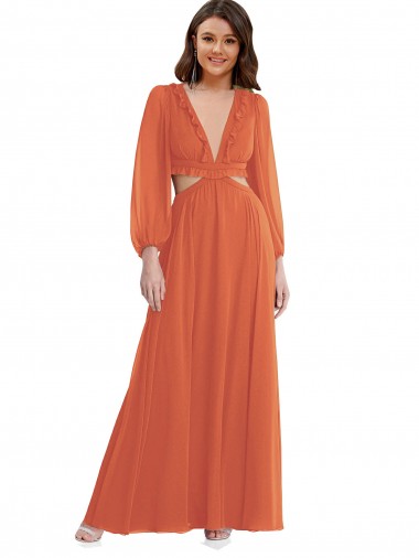Long Sleeves V-Neck Soft Chiffon Firecracker Long High Low Evening Gown / Bridesmaid Dress London