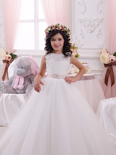 Sleeveless Bateau Neck Tulle & Lace Ivory Chapel Train Flower Girl Dress London