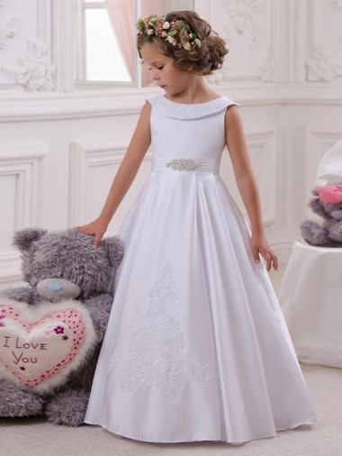Sleeveless Bateau Neck Satin & Lace Ivory Long Flower Girl Dresses London