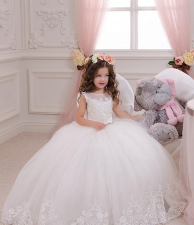 Sleeveless Bateau Neck Tulle & Lace Ivory Chapel Train Flower Girl Wedding Dress London