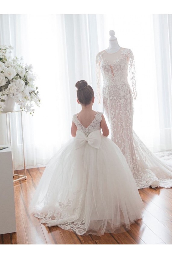 Sleeveless Bateau Neck Tulle & Lace Ivory Ball Gown Chapel Train Flower Girl Dress London
