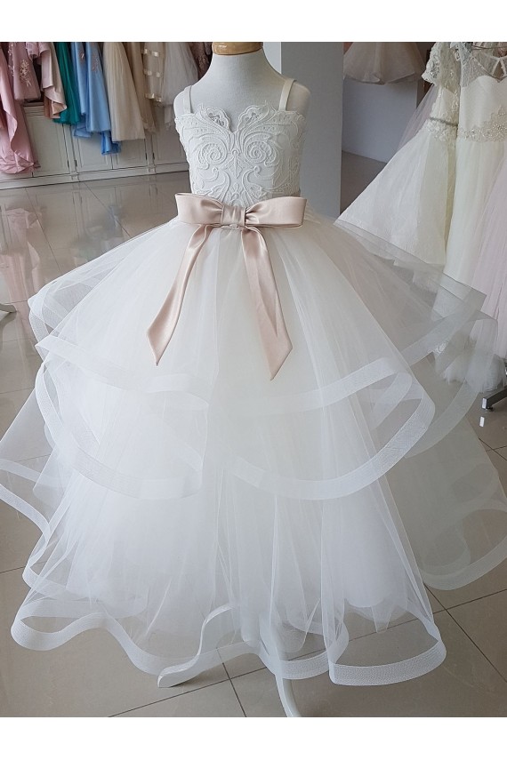 Sleeveless High Neck Tulle & Lace Ivory Long Flower Girl Wedding Dress London