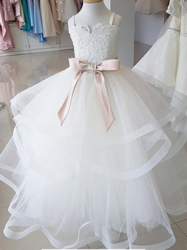 Sleeveless High Neck Tulle & Lace Ivory Long Flower Girl Wedding Dress London