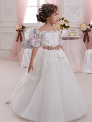 Short Sleeves High Neck Tulle & Lace Ivory Long Flower Girl Dresses London
