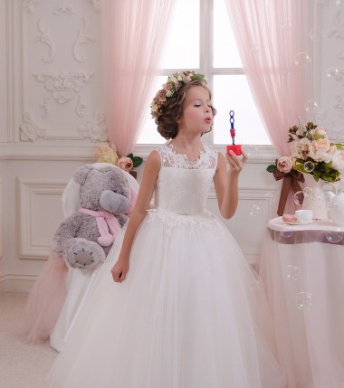 Sleeveless High Neck Tulle & Lace Ivory Long Little Flower Girl Dresses London