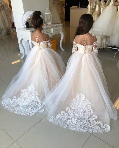 Long Sleeves Sweetheart Tulle & Lace Ivory Chapel Train Little Flower Girl Dress London