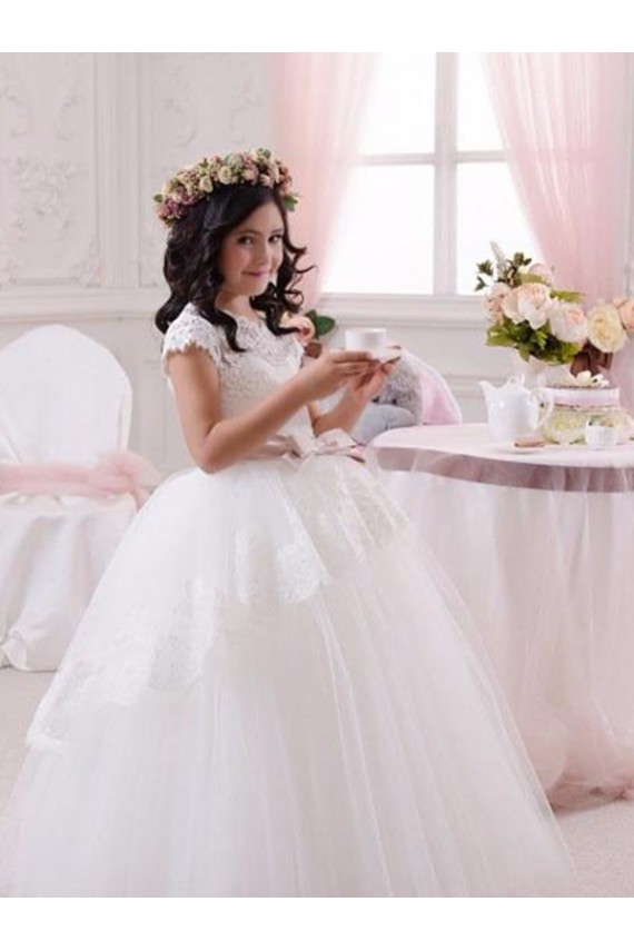 Sleeveless Sweetheart Tulle & Lace Ivory Long Flower Girl Dresses London