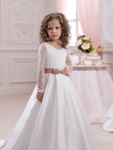 Long Sleeves V-Neck Satin & Lace Ivory Chapel Train Flower Girl Dress London