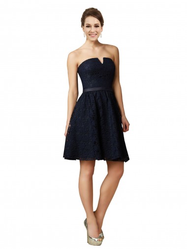 Sleeveless V-Neck Lace Dark Navy Knee Length Bridesmaid Dress London