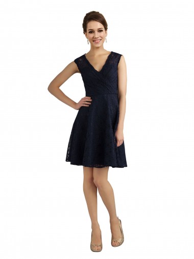 Sleeveless V-Neck Lace Dark Navy Knee Length Bridesmaid Dress / Evening Dress London
