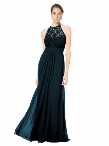 Sleeveless Illusion Neck Soft Chiffon & Lace Dark Navy Long Formal Dress / Bridesmaid Dress London