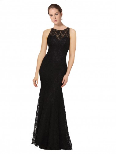 Sleeveless Jewel Neck Lace Black Long Bridesmaid Dress London