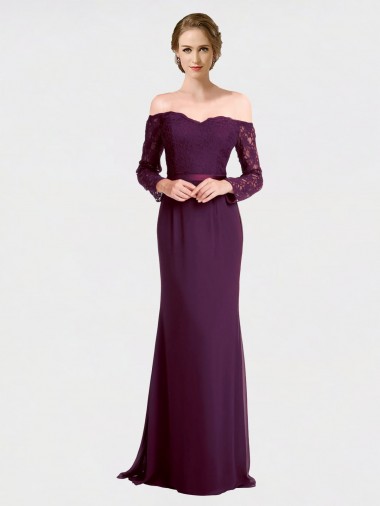 Long Sleeves Off the Shoulder Soft Chiffon & Lace Grape Long Bridesmaid Dress London