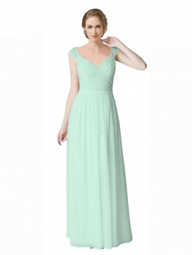 Cap Sleeves V-Neck Soft Chiffon & Lace Mint Green Long Bridesmaid Dress London