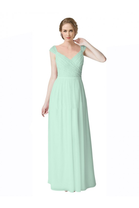 Cap Sleeves V-Neck Soft Chiffon & Lace Mint Green Long Bridesmaid Dress London