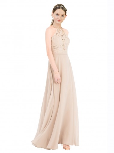 Sleeveless High Neck Soft Chiffon & Lace Champagne Long Prom Dress / Bridesmaid Dress London