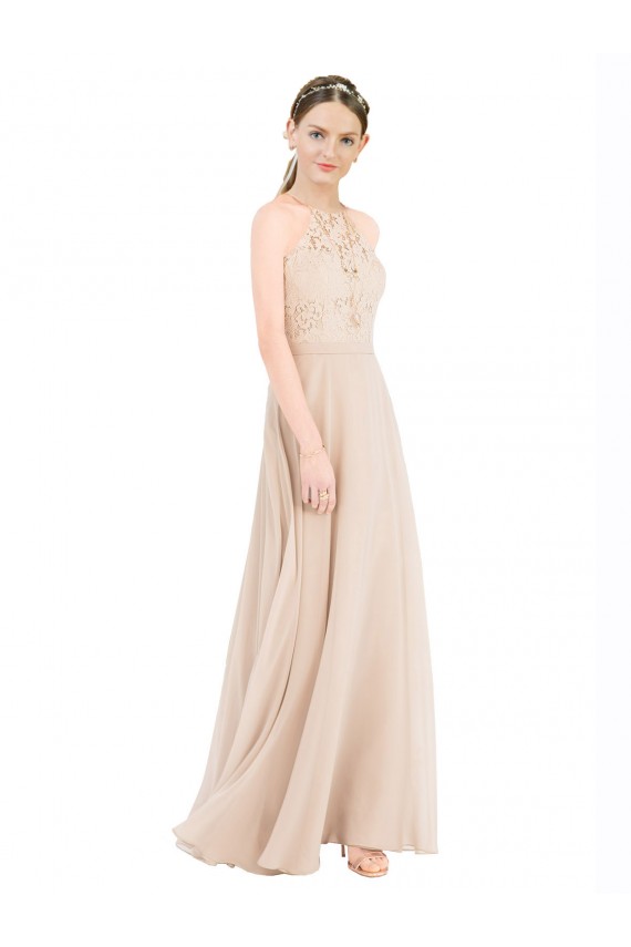 Sleeveless High Neck Soft Chiffon & Lace Champagne Long Prom Dress / Bridesmaid Dress London