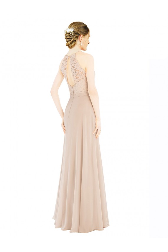 Sleeveless High Neck Soft Chiffon & Lace Champagne Long Prom Dress / Bridesmaid Dress London