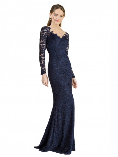 Long Sleeves Sweetheart Lace Dark Navy Long Prom Dress / Bridesmaid Dress London